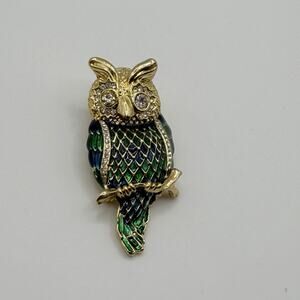 Vintage Owl Brooch Pin Blue Green Enamel Clear Rhinestones Gold Tone 2.5”H